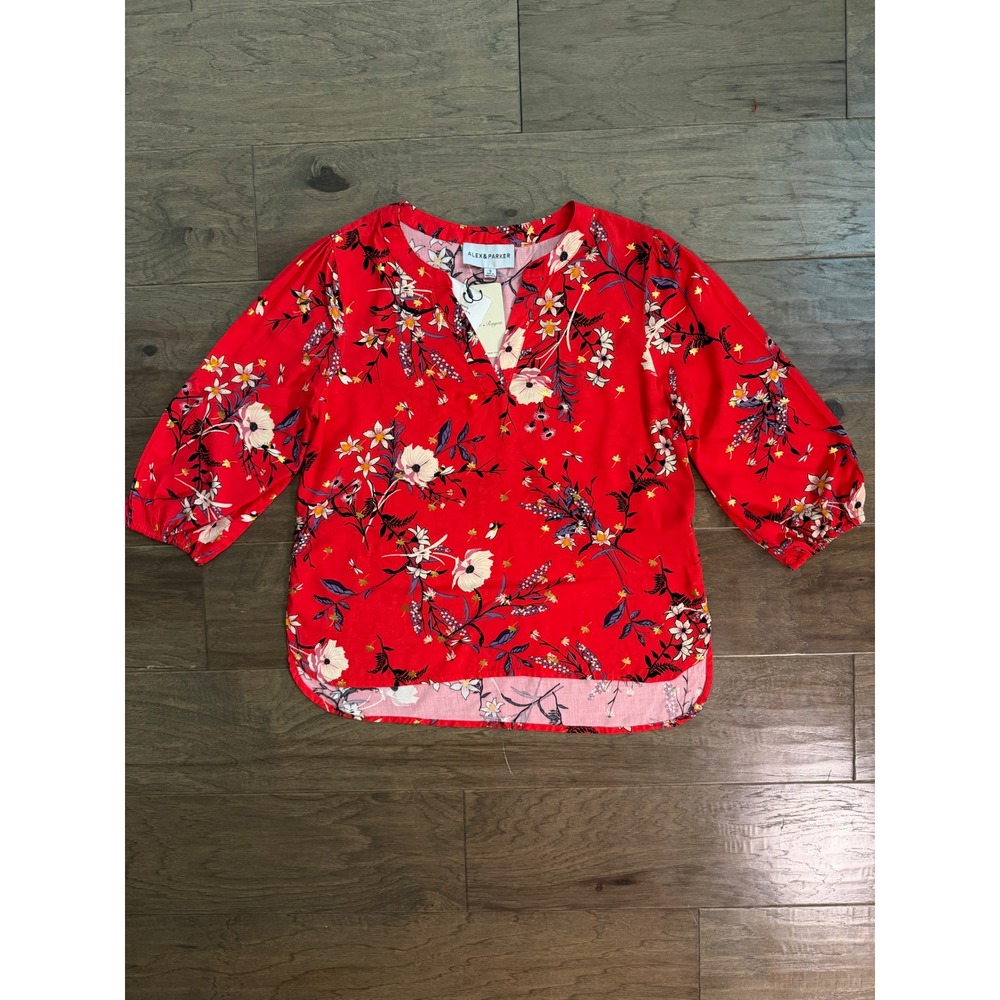 NWT‎ Alex & Parker Womens Red Floral 3/4 Sleeve V-Neck Blouse Top Small